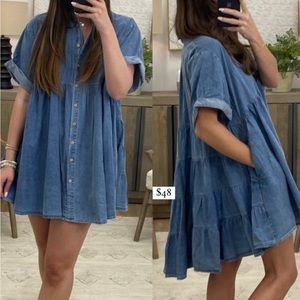 Denim Boho Empire-Waist Button Down Mini Dress